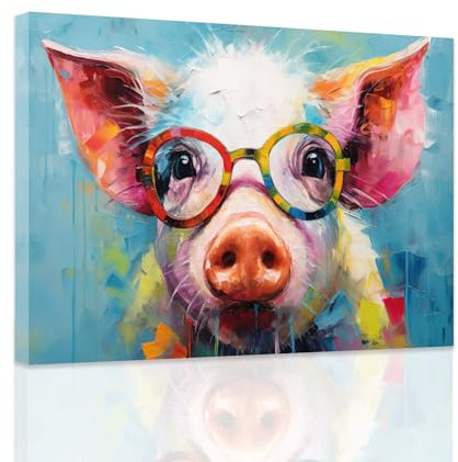 ZXHYWYM Tiere mit Brille Wandbild Bauernhoftier Leinwanddruck abstraktes Schwein Gemälde lustiges rosa Schwein Poster Kinderzimmer Kinderzimmer Dekoration mit Rahmen (D (50.00 x 75.00 cms))