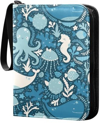 Cute Whale Octopus Seepferdchen Sammelkartenalbum 4 Taschen Kartenordner 50 Seiten 400 Karten PU Reißverschluss Kartenbinder Aufbewahrungshalter für Sportspielkarte