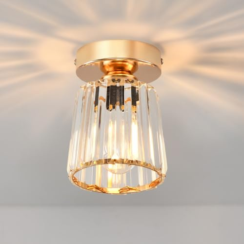 ANWIO Plafonnier Doré en Cristal Industriel, Luminaire E27 Lustre Suspension Design Métal Ø135mm,Eclairage Plafond Moderne pour Couloir, Salon, Salle à Manger, Cuisine