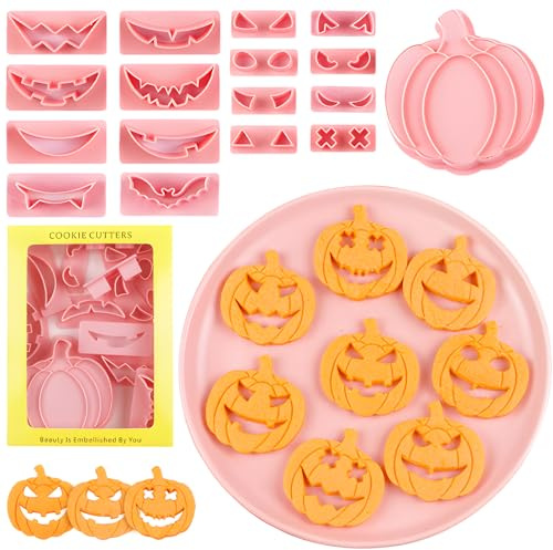 18 Pezzi Halloween Formine Biscotti,dellyy Tagliapasta e Tagliabiscotti a Forma di Testa di Zucca, Stampi Biscotti 3D Tagliabiscotti Plastica Stampi, Formina per Biscotti Stampo Halloween Zucca