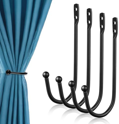 4 Pcs Curtain Wall Hooks, Black Curtain Holdbacks U Shaped Curtain Pull Backs Black Metal Decorative Curtain Hooks for Drapes Wall Mounted Curtain Tie Holders Come with Screws (4)