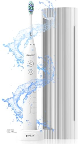 MalTec Brosse à dents électrique sonique, blanche, étanche, avec étui à 6 pointes, 6 programmes de brossage