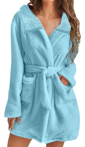 shownicer Bademantel Damen Kurz Leicht Morgenmantel ohne Kapuze Flauschig Sauna Fleece Hausmantel Frottee Winter Kuschelig Warm Bathrobe Saunamantel Frottier-Bademantel Frotteekleid A Hellblau XXL