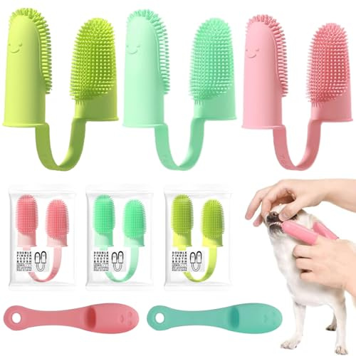 MIRKUZI paquete de 3 cepillos de dientes de doble dedo para limpieza de dientes de mascotas, paquete de 2 cepillos de dientes para perros de un solo dedo para el cuidado dental de perros y gatos