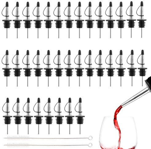 DAJAVE 36 Pcs Speed Pourers for Spirits Oil Pourer Spout Bottle Pourers Liquor Freeflow Wine Bottle Spirits Pourer Tapered Spout with Rubber Dust Caps for Alcohol Olive Oil Syrup Vinegar Bottles