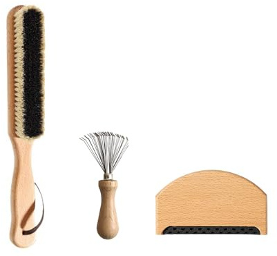3-teiliges Kleidungspflege-Set mit Aufbewahrungstasche, Holz-Kleiderbürste und manuellem tragbaren Pullover-Depiller für Anzüge, Kaschmir, Wolle, Samt, Wildleder, Hut
