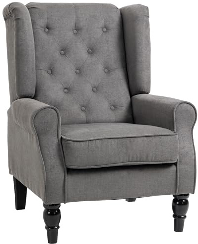 HOMCOM Poltrona Camera da Letto in Stile Francese con Ampia Seduta, Poltroncina Camera da Letto Trapuntato con Braccioli e Imbottitura, con Gambe in Legno per Soggiorno e Ufficio, Grigio Scuro