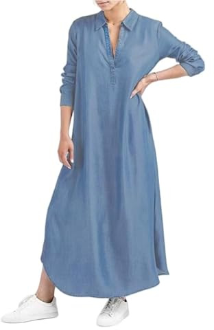 LIUYUYOUGO Vestiti Casual da Donna Abito Lungo da Donna in Denim Chambray Taglie Forti Manica Lunga Bavero Scollo A V Camicia di Jeans Camicetta Abito Casual Estivo Leggero E Morbido Lungo Caftano A
