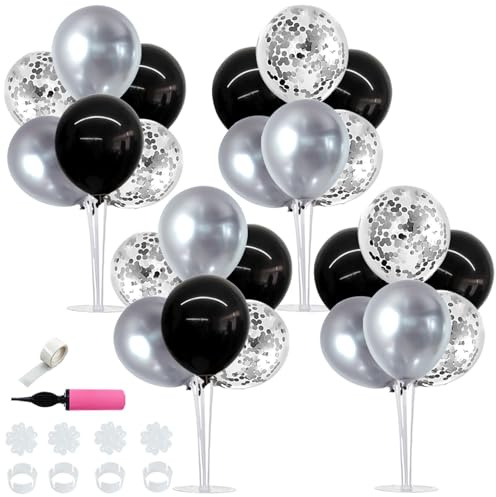 TONIFUL 4 Set Black and Silver Balloon Centerpiece for Table, Balloon Stand Kit for Birthday, Anniversary, Wedding, Halloween and Black Silver Party Decorations,2026 Graduation Decorations,Retirement