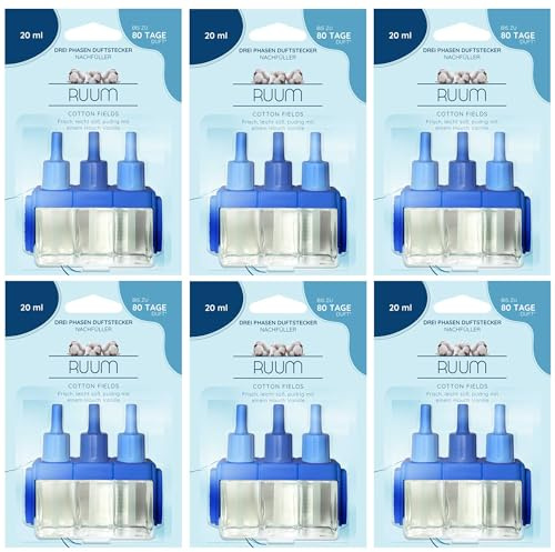RUUM Nachfüllflakons 6er Pack je 20 ml Cotton Fields - Hochwertiger Raumduft Nachfüller - Kompatibel mit Febreze & Ambi Pur 3Volution Duftstecker - Lufterfrischer Nachfüller für Duftvielfalt