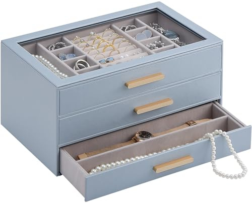 Lolalet Boîte à Bijoux 3 Niveaux, Grand Coffret de Rangement avec Couvercle Transparent, Multi-fonction pour Colliers, Bagues, Bracelets et Boucles d’Oreilles -Bleu