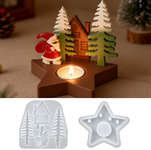 Silikonformen Gießformen Weihnachten, 2 Teilig Weihnachtsbaum & Stern Silikon Formen zum Gießen für DIY Teelichthalter Gipsformen zum Gießen für Festliche Tischdekoration