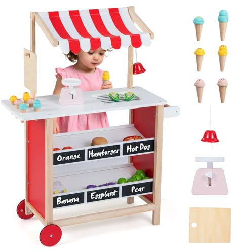 INFANS Wooden Grocery Store Marketplace Toy, Supermarket Pretend Play, Extra Storage 6 Ice Creams Scales Bells Chalkboards, Fun Indoor Farmer's Market Stand Set Gift for Ages 3+