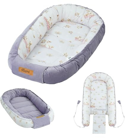 Flumi Babynest Kokon Baby Kuschelnest wendbar aus Baumwolle und Velvet, OEKO-TEX, personalisierbar mit Namen, für Neugeborene (rosa Schwäne)