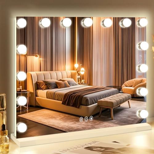 FENCHILIN Schminkspiegel mit Beleuchtung Front und Rückbeleuchtung Hollywood Spiegel 58 x 46 cm Spiegel mit Beleuchtung 15 LED Leuchten Dimmbaren 3 Farben Gehärtetes Glas Weiß