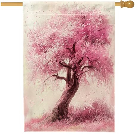 Drapeau de maison d'arbre de cerisier printanier 71,1 x 101,6 cm double face pour décoration extérieure, paysage naturel simple, drapeau de maison, drapeau de plante d'extérieur pour jardin, pelouse