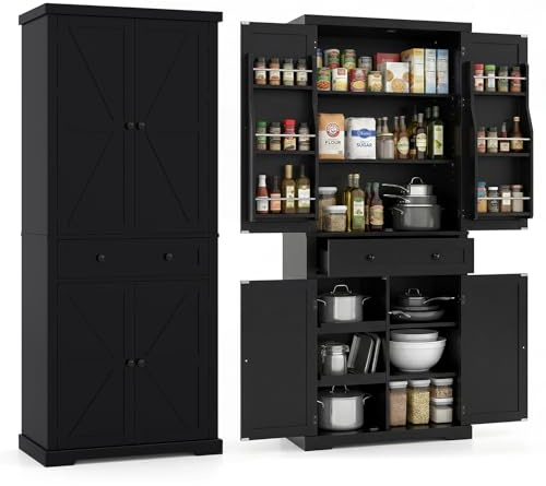 COSTWAY Armoire Cuisine Rangement 184 cm, Buffet Cuisine Haut avec Grand Tiroir, 6 Étagères sur Portes, 2 Plateaux Coulissants, 6 Compartiments,Vaisselier, pour Salle à Manger, Salon (Noir)