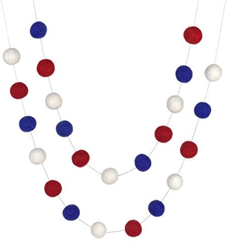 Fourth of July Garland- 1 Felt Balls- Memorial Day Decor, American Flag USA Mantle Shelf Decoration, Handmade by Matthew and Mae (Royal Blue/Red/White)