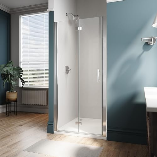 ELEGANT 34 in. W x 72 in. H Semi-Frameless Glass Shower Doors, Bi-Fold Pivot Swing Shower Door, 1/4 in. Fold Clear Glass Panel, Chrome Finish