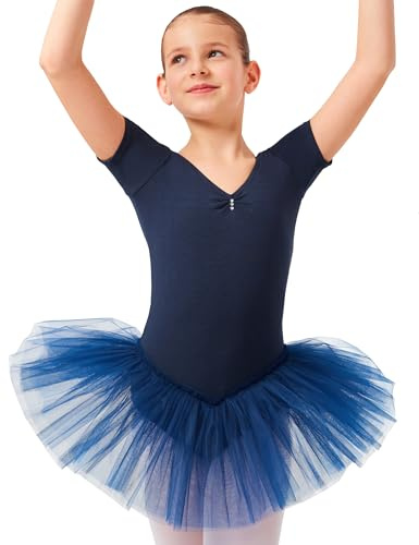 tanzmuster ® Ballettkleid Mädchen Tutu - Nele- aus weichem Baumwollstoff mit Glitzersteinen fürs Kinder Ballett Ballettbody Ballett Trikot, Marineblau 128-134