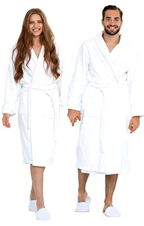 BIOLINEN 100% Cotton Terry Shawl Collar Bathrobe with Slippers for Men & Women, Unisex One Size, White