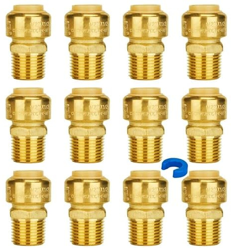SUNGATOR 1/2 Inch Male Adapter, 1/2 Inch MNPT Adapter, No Lead Brass Push-to-Connect Plumbing Fittings for Pex Pipe, Copper, CPVC, with 1 Disconnect Clip, Pack of 12