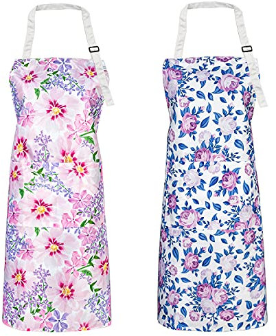 2 Stücke Küchenschürzen für Frauen, Blumen Schürzen mit 2 Taschen, Kochschürze zum Kochen, Backen, Garten, Premium Damenschürze, Perfekte Geschenke für Mama, Frau, Freundin, Oma