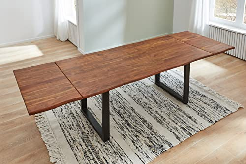 SAM Esstisch Norino 180(280) x90 cm Akazie Nougat Baumkante U schwarz | Baumkantentisch massiv, Akazienholz nougatfarben lackiert, ausziehbar, inkl. 2 Ansteckplatten, Metallgestell, Esszimmertisch