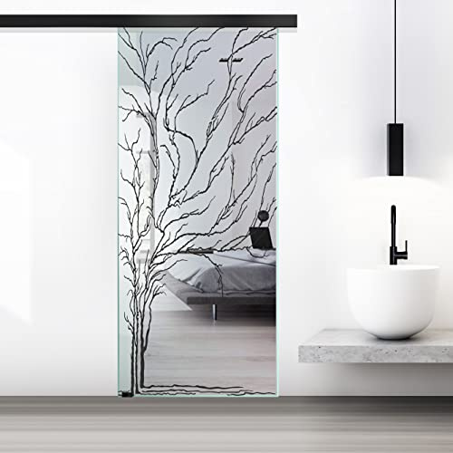 BOSS Black Porta Scorrevole in vetro modello TREE 85x215 cm (60/85/95 cm) 8 mm, vetro Transparente, Nano rivestito nero, kit hardware complete nero opaco (85x215 cm, SINISTRA)