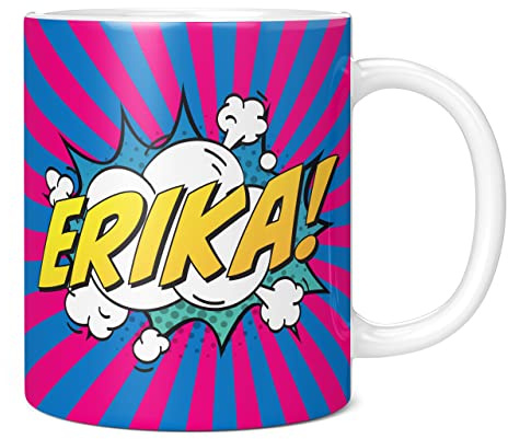 Mug Monster - Personalised Name Mug, Comic Super Hero Customised Gift with Text - Ceramic Coffee Cup, Gift for Men or Women, Extra Large and Giant Available, 11oz White, Blue/Pink