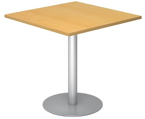 bümö Besprechungstisch, Esstisch klein, Tisch eckig 80x80 cm in Buche, Gestell: Silber - Kleiner Rundtisch für 2 Personen mit Holz-Platte, Säule aus Metall, Konferenztisch, Bistrotisch