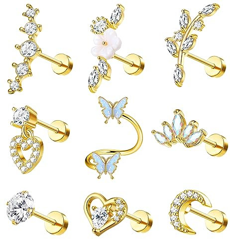 JeweBella 9PCS 16G Helix Piercing Chirurgenstahl für Damen Knorpel Ohrringe Zirkonia Blume Herz Schmetterling Ohrstecker Labret Nase Conch Piercing Set Tragus Piercing Ohr Schmuck Silber/Gold