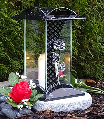 Grablampe Grablaterne Rose 28,0cm Grabschmuck Grablicht Grableuchte Lampe Laterne Licht Kerze Grabkerze Trauer Garten Friedhof Grabdekoration Abschied