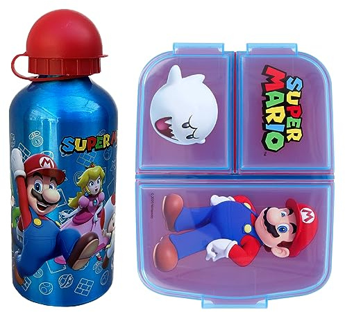 CARTOON Set pranzo per bambini 2 pezzi Super Mario, borraccia e portamerenda 3 scomparti senza BPA, borraccia in alluminio 560 ml e contenitore portapranzo multiscomparto