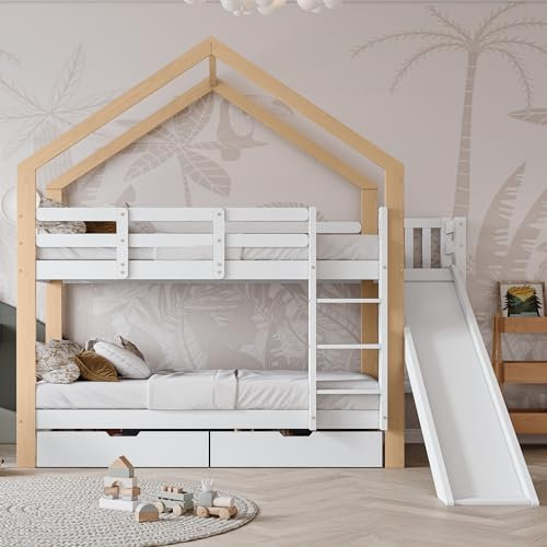 ZYLOYAL10 Kinderbett Baumhaus mit Speicherung und Rausfallschutz 90 x 200 cm, Hochbett für Kinder– 2X Lattenrost (Natur & Weiß - E)