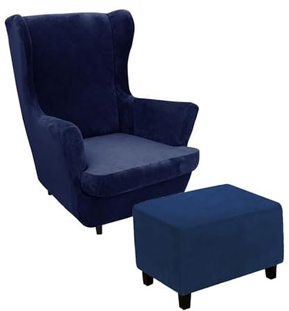 GUYIRT Samt Sesselbezug Für Ohrensessel Mit Kissenbezug, Ohrensessel Überzug Husse Für Ohrensessel Mit Fußhocker Husse Für Wohnzimmer Schlafzimmer-Navy blau