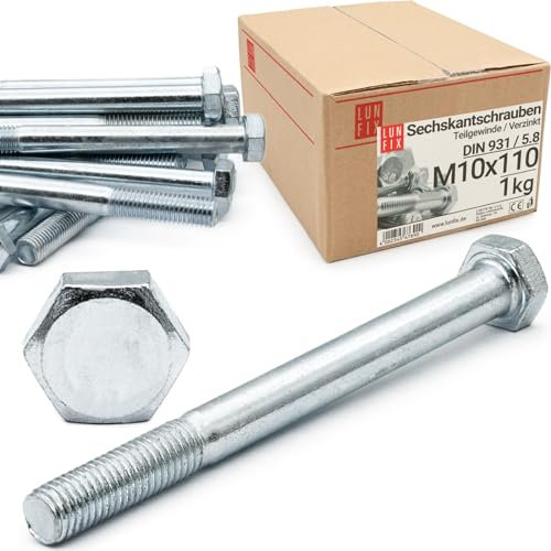 Sechskantschrauben M10 x 110 DIN 931 1 kg (ca.13 Stk.) Teilgewinde, Klasse 5.8 verzinkter Stahl Gewindeschrauben mit sechseckigem Kopf, 6 Kant Maschinenschrauben mit Schaft,Teilgewindebolzen