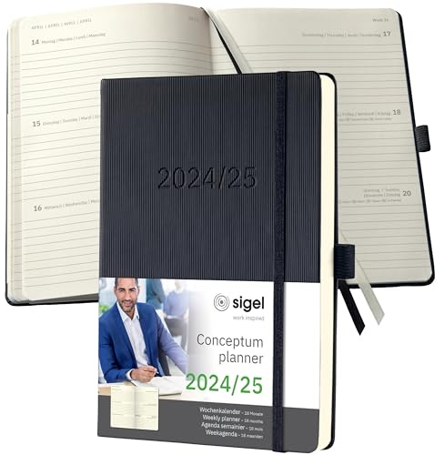 SIGEL C2501 Wochenplaner Wochenkalender 2024/2025, ca. A5, schwarz, Hardcover, Gummiband, Stiftschlaufe, Archivtasche, aus nachhaltigem Papier, 18-Monatskalender, Conceptum
