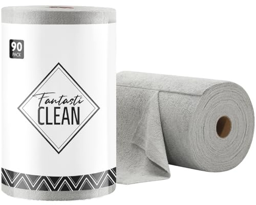 Fantasticlean Microfiber Cleaning Cloth Roll -90 Pack, Tear Away Microfiber Towels, 12 x 12, Reusable, Washable, Lint Free, Ultra Absorbent Dishcloth for All-Around Cleaning Supplies (Grey)