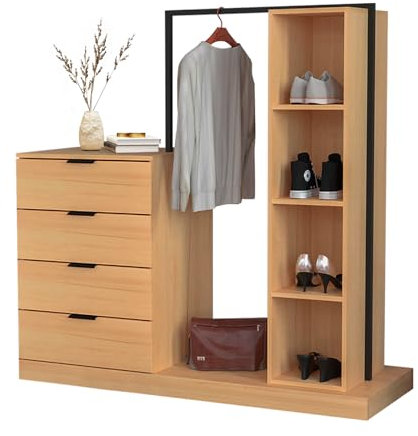 WAOHO Kommode mit 4 Schubladen und 4 offenen Regalen， Kleiderstange aus Metall，Schubladenschrank,Eingang Schrank,Beistellschränkchen，Multifunktionaler ，Kleiderschrank 145 x 137 x 40 cm