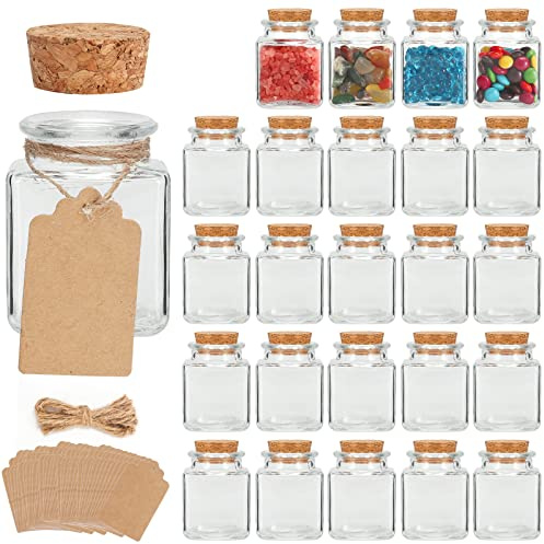 24 mini botellas de vidrio de 50 ml con tapones de corcho, decoración de bricolaje, pequeños tarros de vidrio cuadrados, mini viales de corcho, botella de mensajes con etiquetas de etiqueta y cuerda