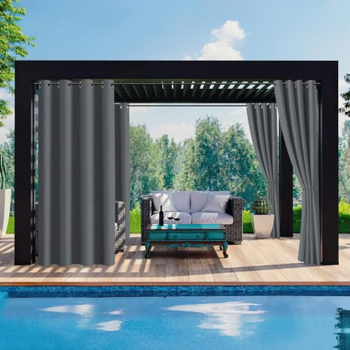 Ansobea Outdoor Vorhang 132x274cm(BxH), Blickdicht Wasserdicht Wetterfest Outdoorvorhänge mit Ösen, Sichtschutz & Sonnenschutz Outdoor Gardinen, für Balkon Garten Terrasse Pavillon(2 Stück,Grau)