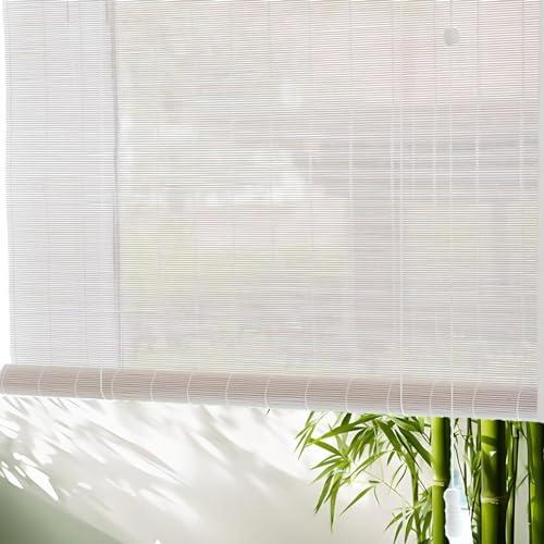 Weiß Natur Bambus Rollo,Retro Raffrollo Holzrollo Seitenzugrollo 55% Blickdicht Jalousien,Verdunkelungsrollos,Sichtschutz Sonnenschutz Für Garten/Balkon/Küche,,Anpassbar (Y,140x200cm/55x79in)