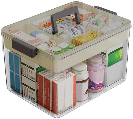 ADERTOS Medizinbox Doppelschichtig Medicine Box Hausapotheke Kiste Plastik Apotheken Organizer Kunststoff Aufbewahrungsbox Medikamente Erste Hilfe Box mit Griffe 26x16x15cm Medizinkoffer für zuhause