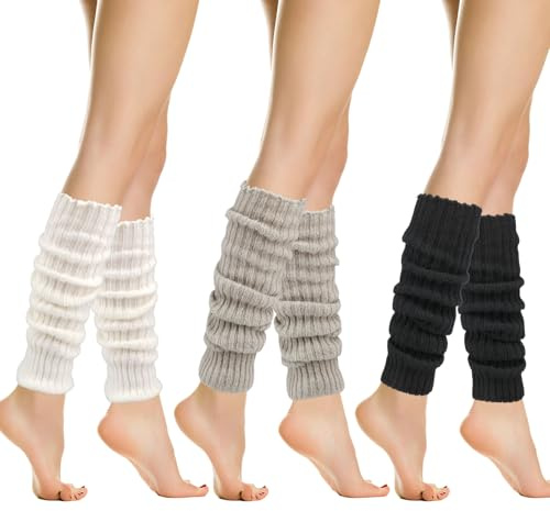 Hopton 3 Pairs Leg Warmers Ladies, Knitted Leg Warmer for Women, Calf warmers 40cm, Chunky Winter Long Warmers Ladies, Fashion Leg Warmer for 80s Ballet Dance Ice Skating Yoga Party(40cm)