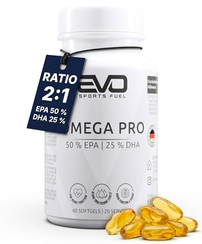 Omega 3 Pro - 50% EPA & 25% DHA - 2250mg Premium Fischöl pro Tagesdosis mit 1500mg EPA und 750mg DHA in Triglycerid-Form - Jeder Batch laborgeprüft - EVO SPORTS FUEL Made in Germany - 60 Kapseln