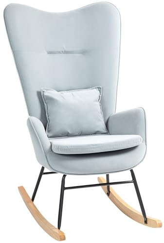 HOMCOM Schaukelstuhl Schwingsessel mit Kissen, hoher Rückenlehne Armlehnsessel mit Samtoptik, Stillsessel, Schaukelsessel bis 120 kg Belastbarkeit für Schlafzimmer, Wohnzimmer, Hellgrau