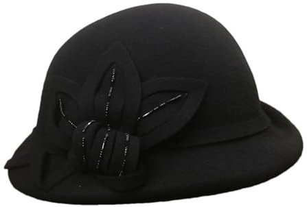 OLSKFUH Weibliche Winter Wolle Damen Filz Baskenmütze Mütze Frau Blume Glockenhut,Black-M 55-58cm