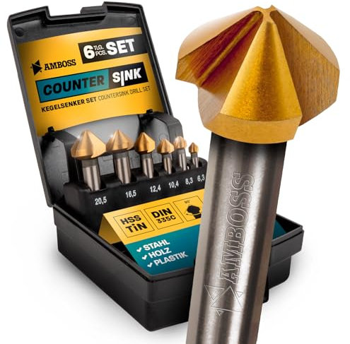 Set di 6 svasatori conici da 6,3 – 20,5 mm, HSS TiN/DIN 335C/incudine per ferro, acciaio, metallo, metallo non ferroso, legno, plastica/trapano professionale a testa svasata per trapani e avvitatore a