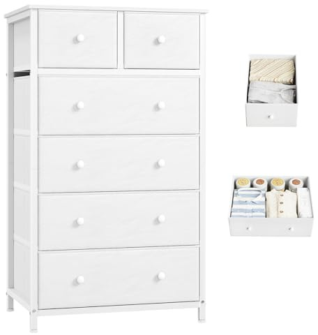 Somdot Commode de Rangement à 6 Tiroirs en Tissu, Blanc